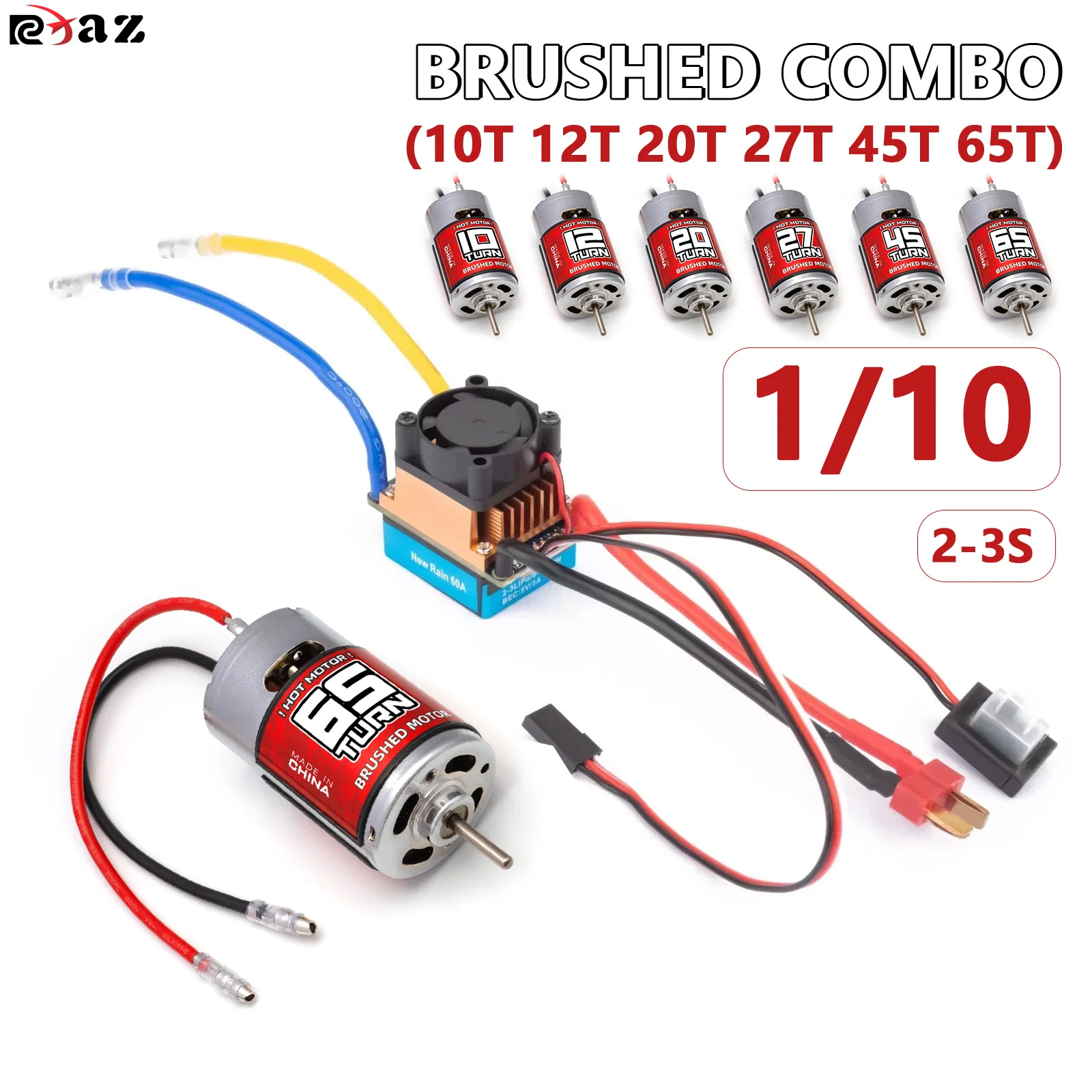 RC 550 Brushed Motor 60A ESC Combo 10T/12T/20T/27T/45T/65T 2-3S Lipo for 1/10 RC Car Truck Crawler Off-Road Vehicle Parts