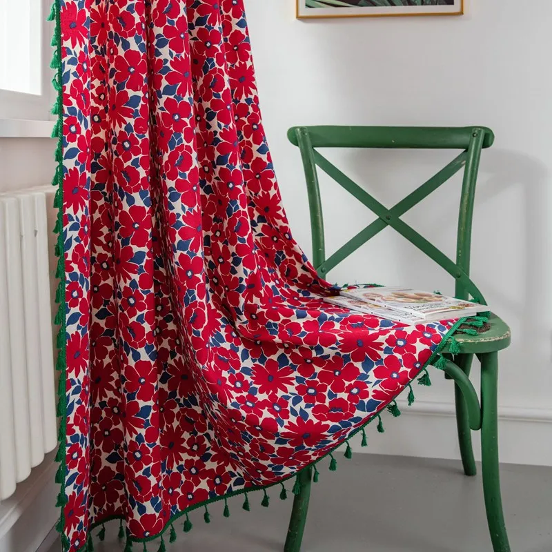 Cotton Linen Bohemian Red Flowers Christmas Tassel Window Curtain Blackout Drapes for Living Room Bedroom Kitchen Window Curtain