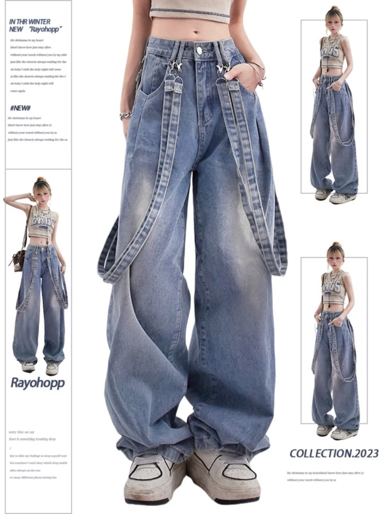 ADAgirl Blue Jeans for Women Y2k Retro Oversize High Waist Do Old Wide Leg Denim Pants Streetwear Causal Straight Mujer Trousers