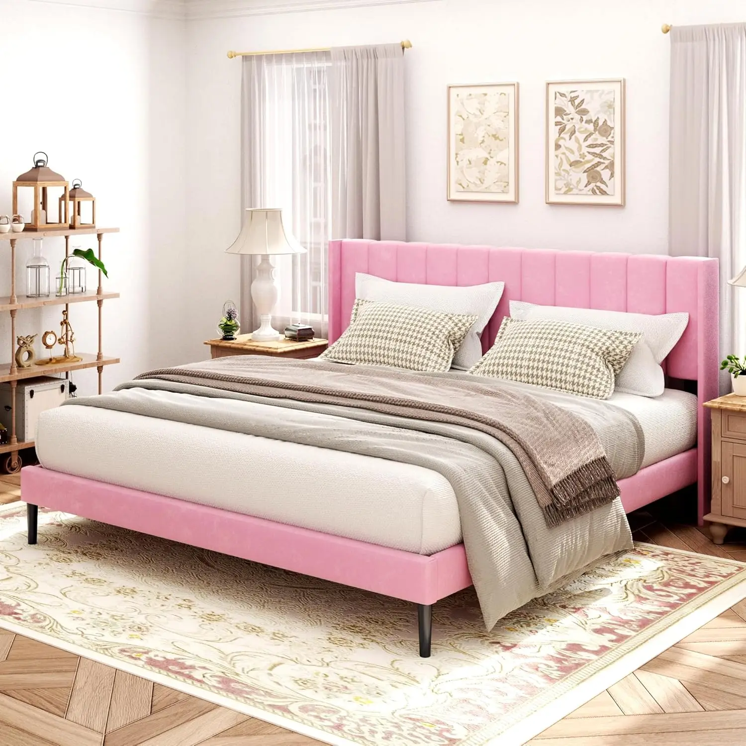 Queen Bed Frame With Headboard,Bed Frame Queen Size Vertical Channel Tufted Wingback No Box Spring Needed, Mattress Foundation,