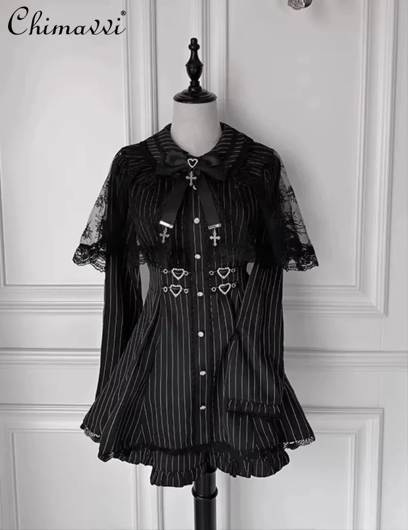 

2026 Spring Summer Japanese Y2K Subculture Lolita Sets Gothic Striped Black Lace Cape Long-sleeve Dress Shorts Womens 2pcs