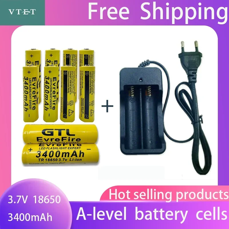 2024 New Battery High Quality 3400mAh 3.7V 18650 Li-ion Batteries Rechargeable Battery for Flashlight Torch Fan Toy Car+Charger