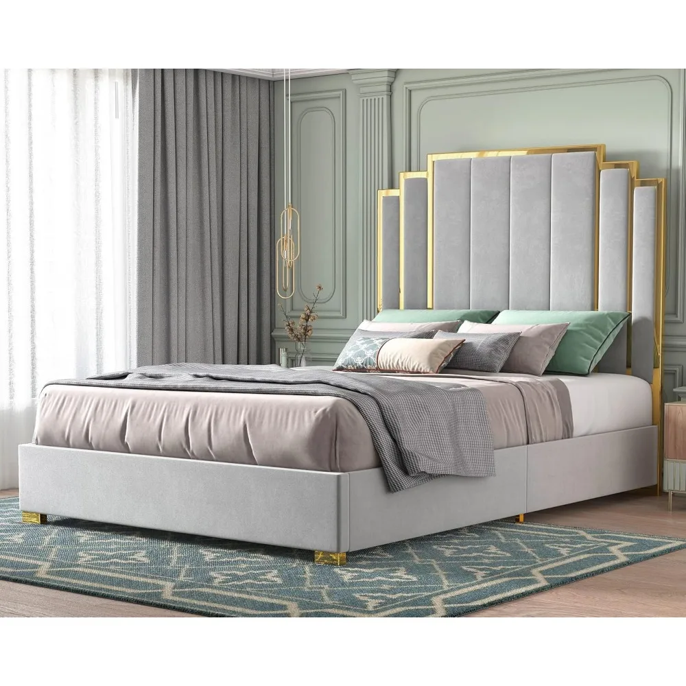 

Queen Size Bed Frame and 61 Headboard, Upholstered Bed with Golden Plating Trim, Modern Platform Bed No Box Spring Needed.