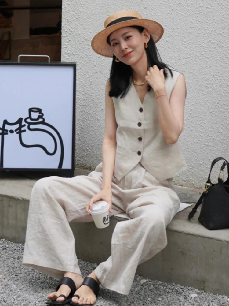 BZVW Cotton And Linen Set For Women 2024 Summer New Tank Top Wide Leg Pants Two Piece Sets Office Lady Fashion Clothes 25A140