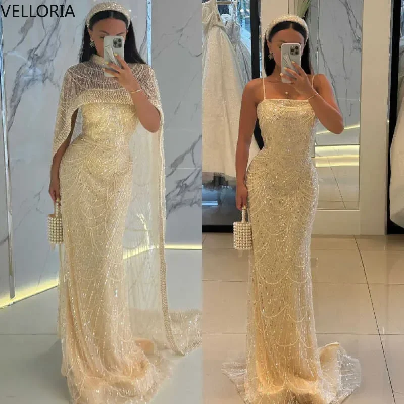 

Sexy Sequined Evening Dresses Luxury Spaghetti Straps Prom Dress Customized with Wrap Floor Length Beaded Party Gown Customized