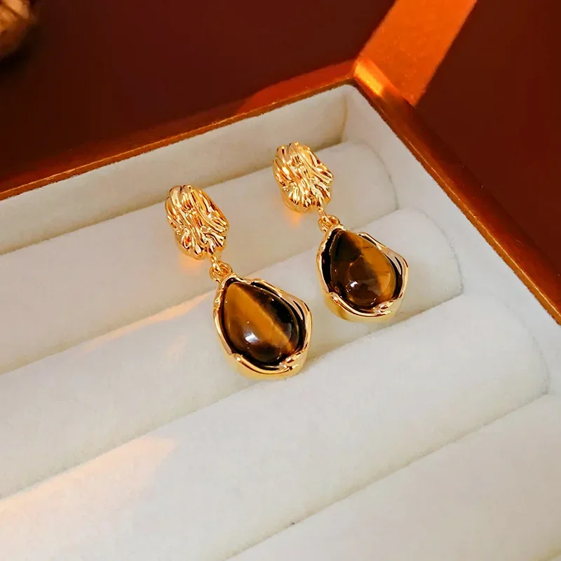 Maillard Translucent Tiger Eye Stone Stud Earrings Vintage Irregular Water Drop Ear Studs for Women Trendy Ear Jewelry Gifts F image 2