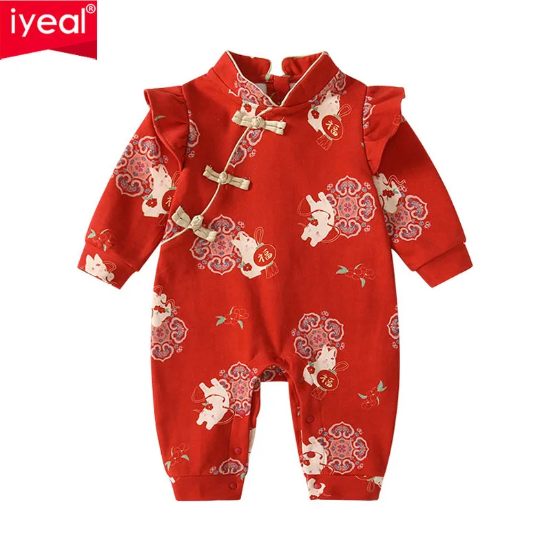 

IYEAL 2025 Осенний комбинезон для маленьких девочек, детский костюм в китайском стиле для новогоднего праздника Тан, костюм с новогодним приветствием