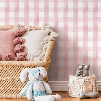 ورق جدران من القماش القطني الوردي، ورق جدران قابل للتقشير واللصق لتزيين غرفة الأطفال، ورق حائط تقليدي شبكي وردي لديكور الحائط