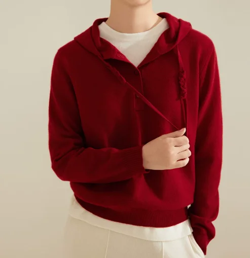 Pure cashmere sweater women's autumn and winter new drawstring hooded leisure solid color knitted pullover sweater