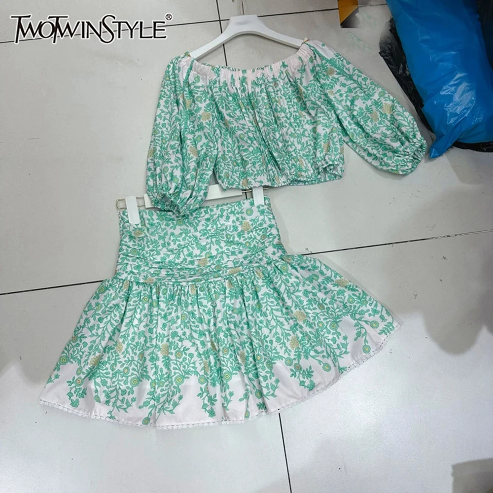 

TWOTWINSTYLE Casual Two Piece Sets For Women Slash Neck Off The Shoulder Sleeve Top High Waist Skirt Cute Set Female KSE539949