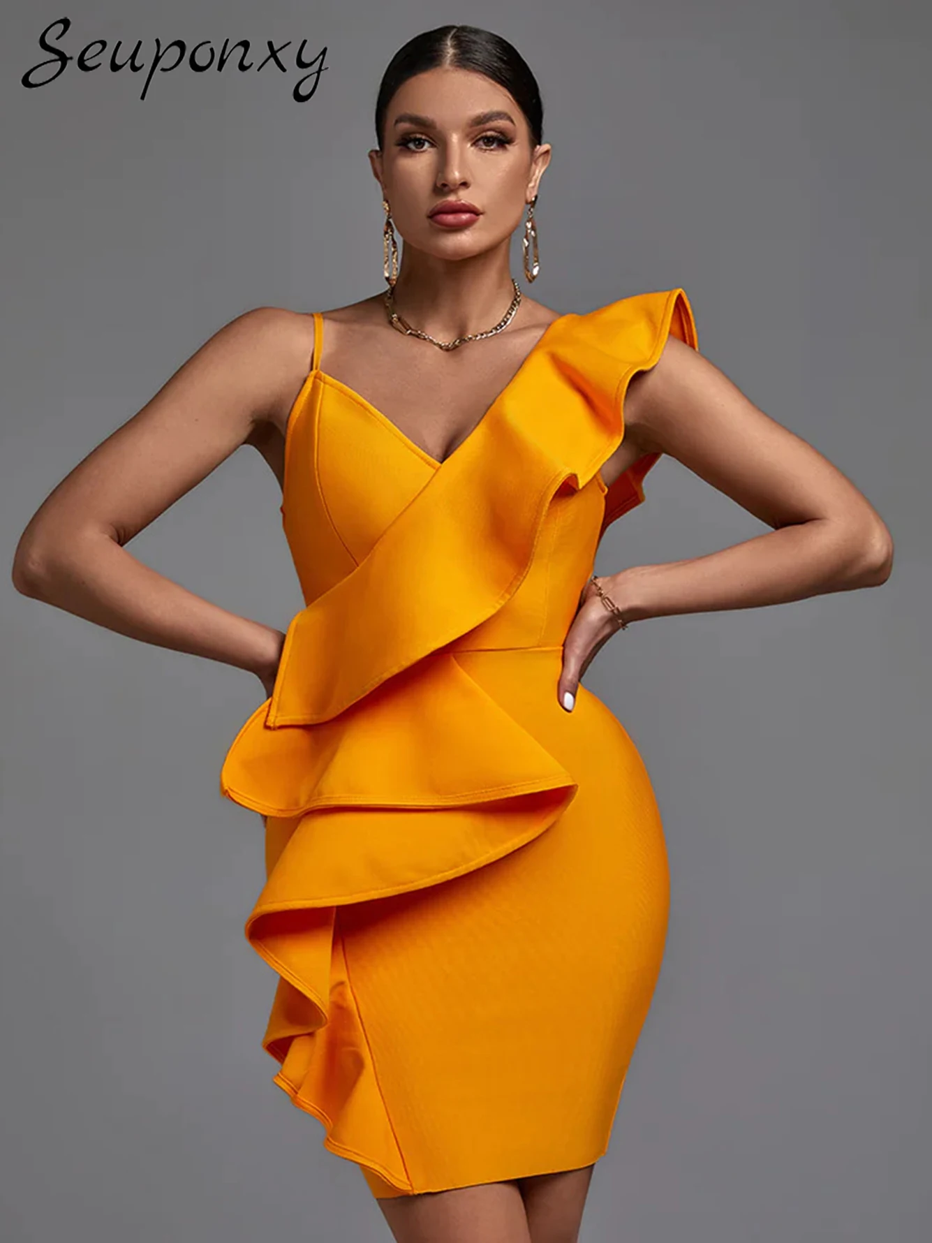 

High Quality Sexy Sleeveless V-Neck Ruffled Edge Women'S Orange Bandage Dress 2023 Elegant Evening Celebrity Party Mini Dress