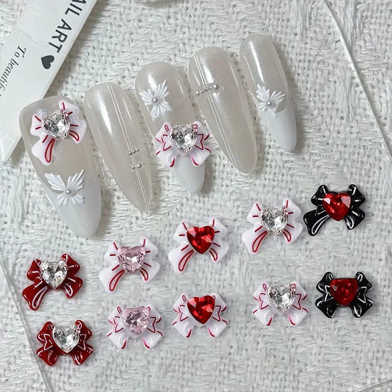 10Pcs Stylish Resin Nail Supplies Korean Sweetheart Bow Tie Butterfly Knot Heart Diamond DIY Nail Charms