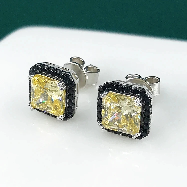 ARIGAYA 925 Sterling Silver With Black Zircon And Square Yellow High Carbon Diamond Stud Earrings Fine Jewelry For Women