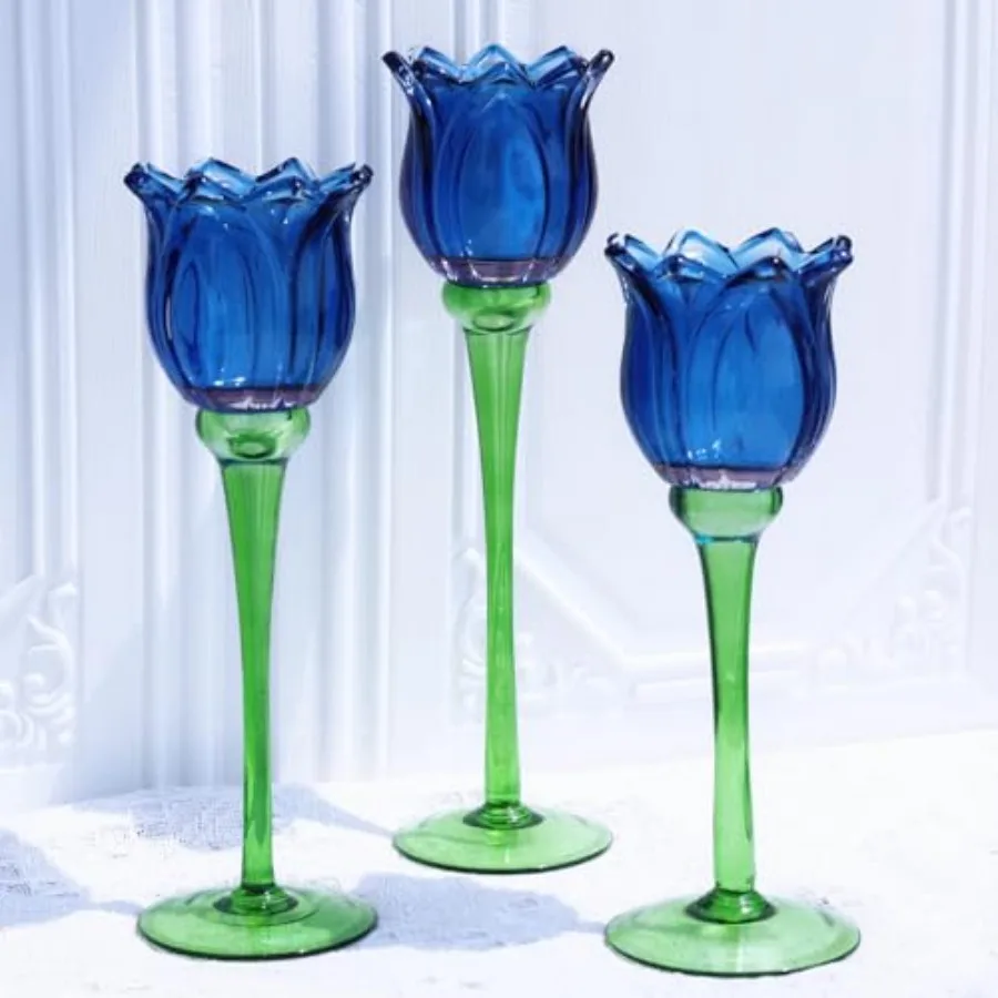 

Blue Flower Tealight Candle Holder Set of 3 with Different Heights, Lovely Tulips Tea Light Candle Holder Glass Table Centerpie