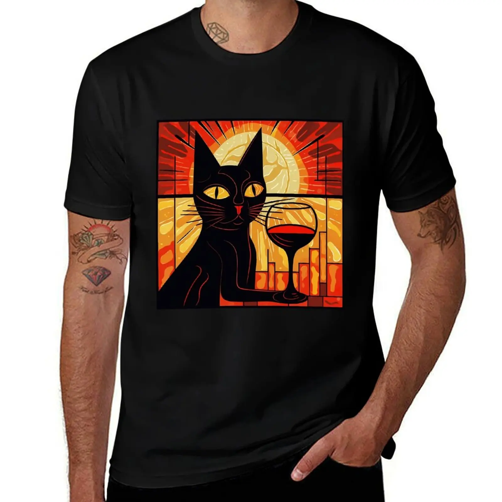 

Wine-drinking cat T-Shirt man t shirt cotton high quality cotton t shirt pack T-Shirt