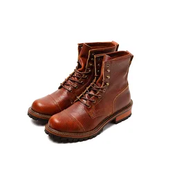 Vintage Fashion Men Boots Handmade Tooling Cow Leather Shoes Wedge Safety Round Toe Motorcycle Boots Winter Ankle Boots