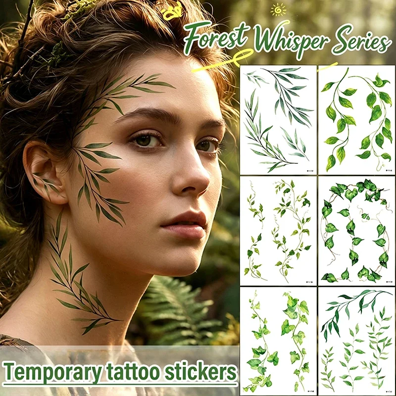 Green Leaf Vine Temporary Tattoo Sticker, Waterproof Fake Tattoo for Women, Spring Summer Body Art, Forest Plant Design