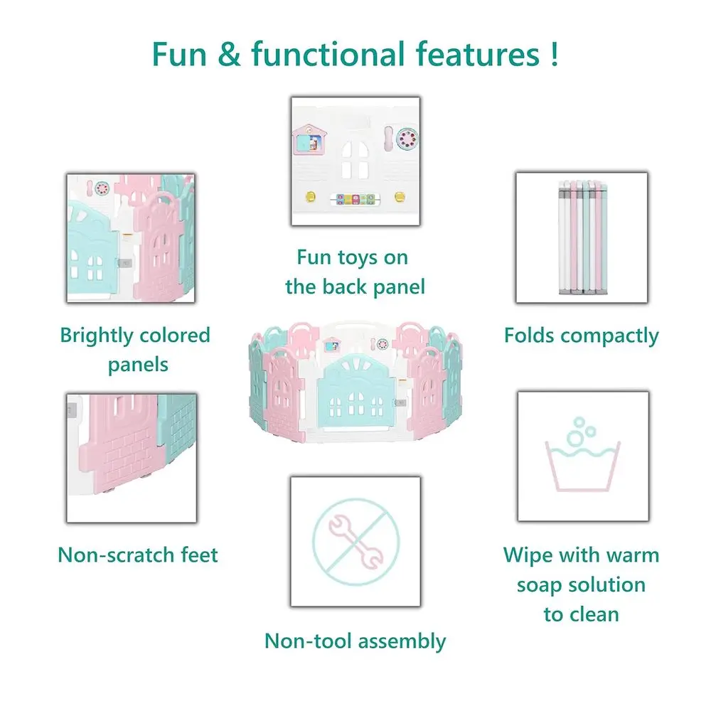 ゲームパネル付きコンパクト折りたたみ式ベビーサークル、ピンク＆ブルー、赤ちゃんや幼児に最適、屋内＆屋外使用