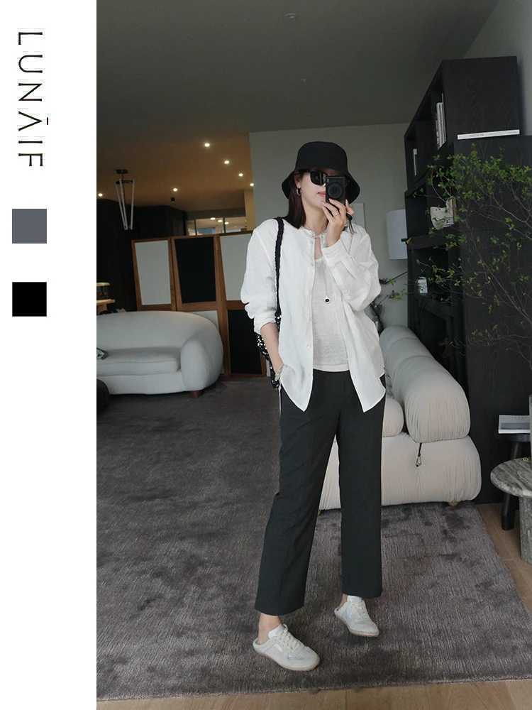 

LunaIF High Elasticity Nine-Piece Pants Machine Washable Anti-Wrinkle Slimming Pear Shape Casual Pants Ladies Trousers