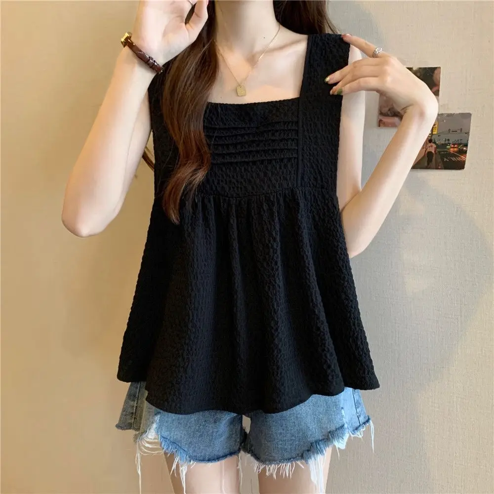 Large Size Wide Edge Sleeveless Halter Vest Women Summer Lean Pleated Ruffled Bottom Tank Top