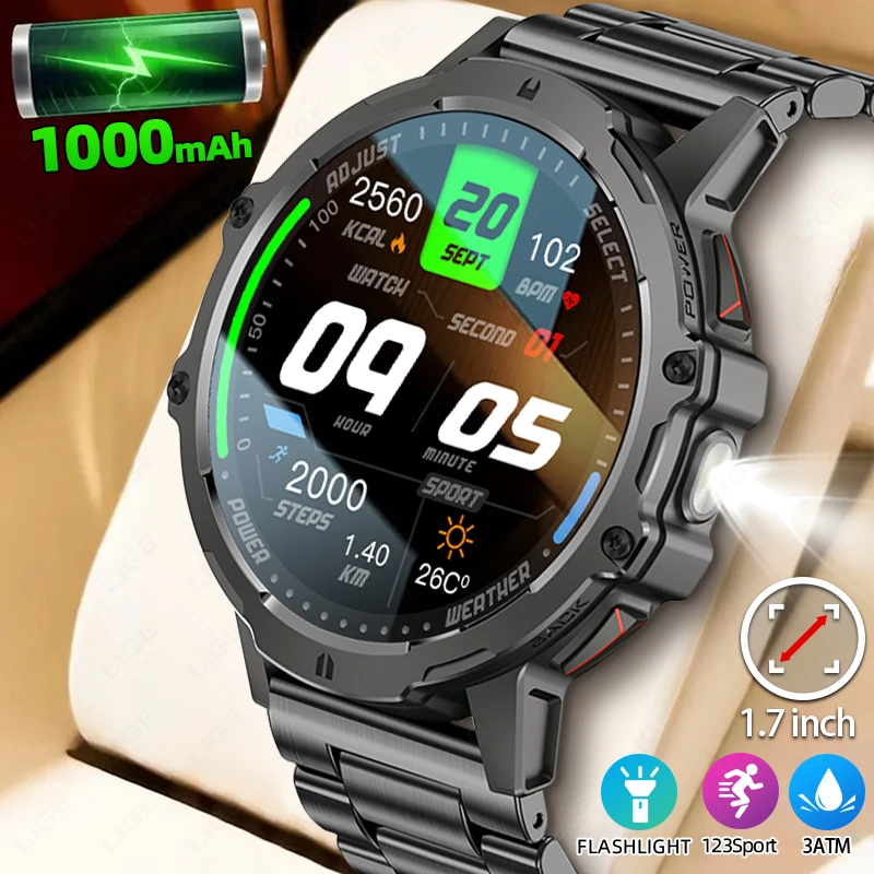 

LIGE New 1000mAh Battery Smart Watches For Men LED Flashligt 3ATM Waterproof Bluetooth Call Sports Health Monitor Men Smartwatch