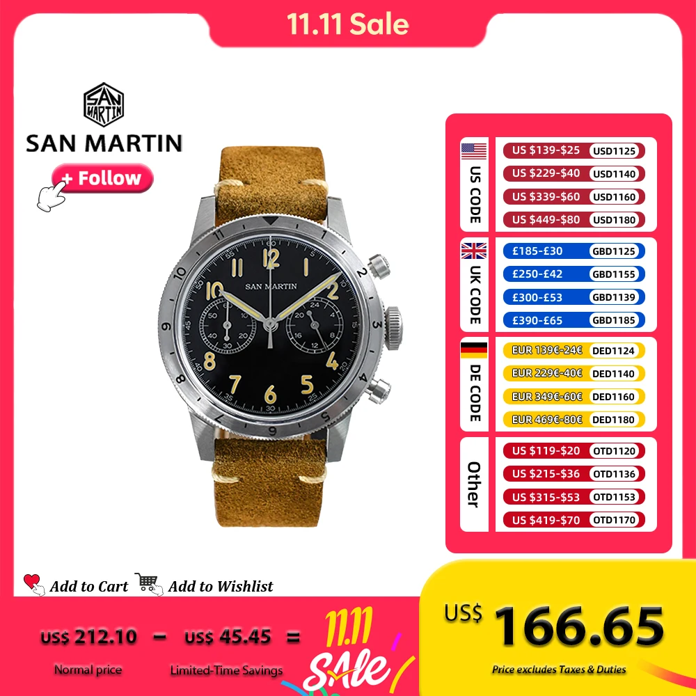San Martin 39.5mm Vintage Men Watch Military Style VK64 Pilot Type Chronograph Quartz Steel Watches Retro Luminous 10Bar SN0127