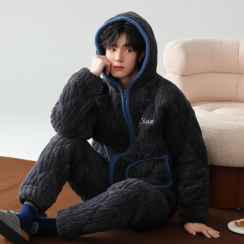 Pigiama da uomo velluto corallo giacca in cotone a tre strati addensato peluche isolamento Loungewear autunno inverno gioventù abbigliamento per la casa Set