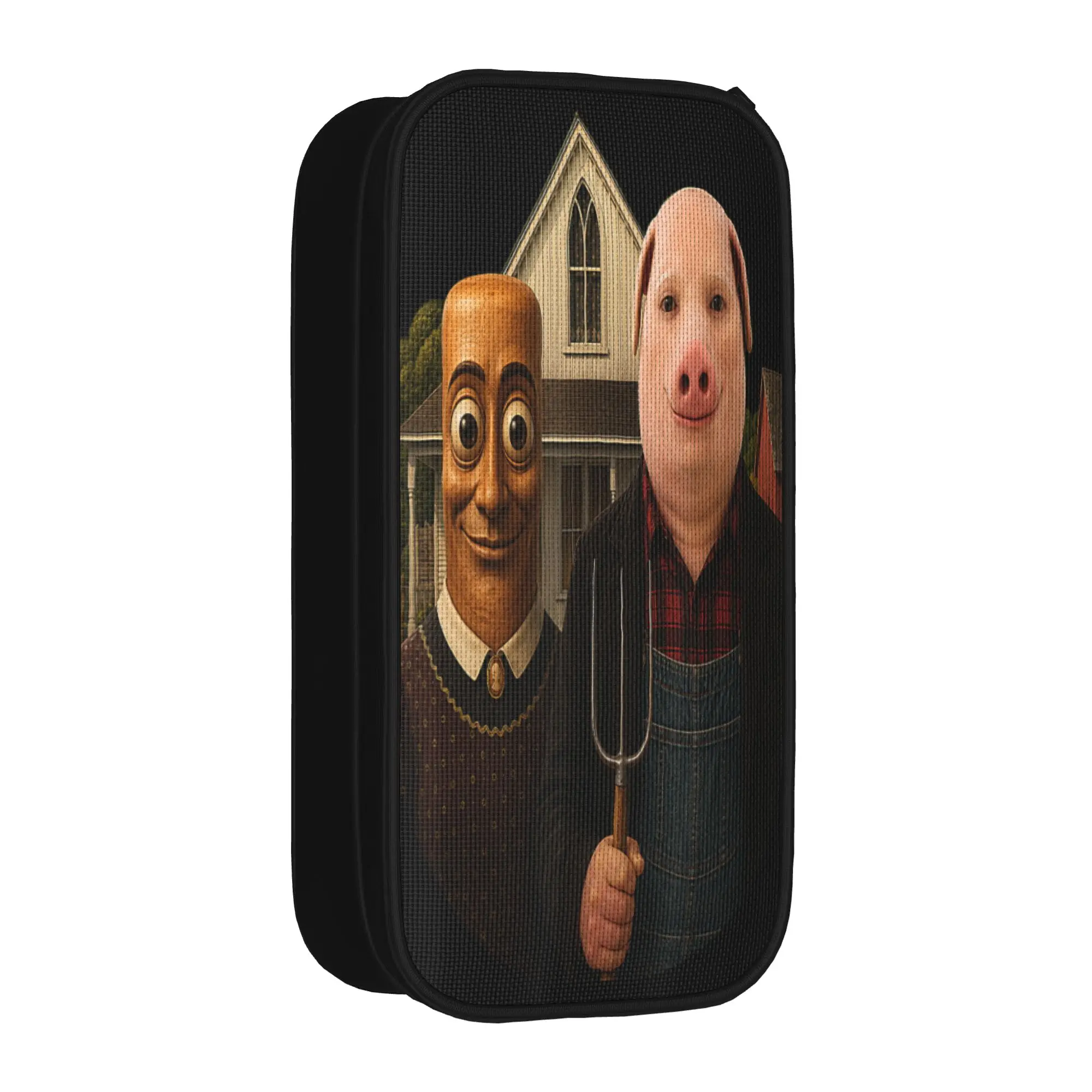John Pork American Gothic Funny Viral Meme Art Dank Brainrot Pencil Case Pencil Box Boy Girl Zipper Cool School Pencil Cases