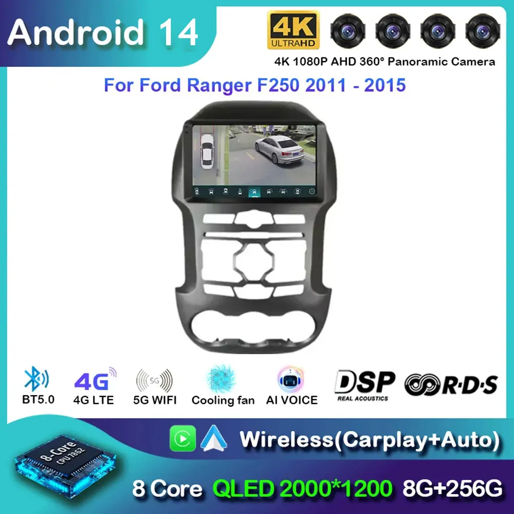 Android 14 Qualcomm For Ford Ranger F250 2011-2015 Multimedia Autoradio Navigation Stereo Radio Player Car GPS DSP WIFI 4G