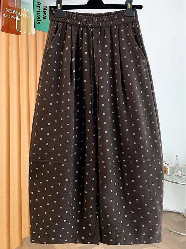 Retro Polka Dot Coffee Color Wide Leg Pants Women's Casual Loose Fit plus Size Anti-Aging Nine Point Pants Autumn Season