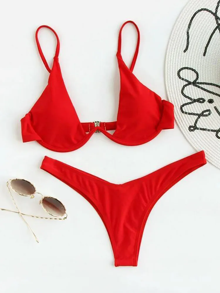 Sexy underwire bikini 2024 mujer feminino sólido vermelho push up sutiã tanga maiô haler v pescoço maiô mini micro tanga banho