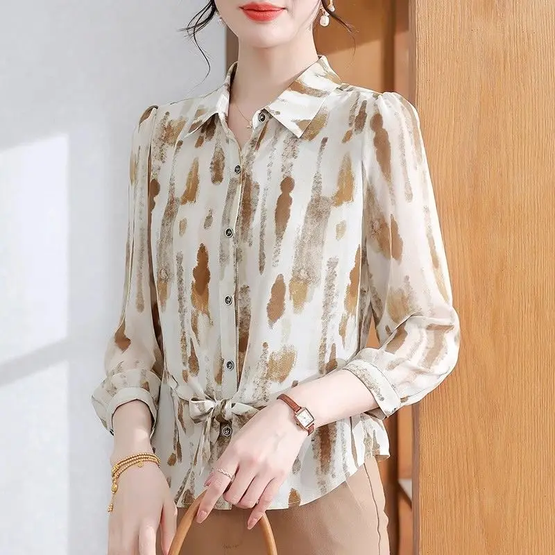 

Summer Long Sleeve Chiffon Blouse Middle Age Women Elegant Sun Protection Shirt