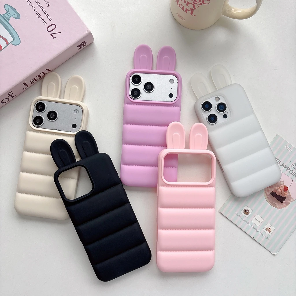 Creative Stereoscopic Bunny Ear Skin-Feel Matte Shockproof Protective Phone Cover Case for iPhone 17 16 15 Pro Max