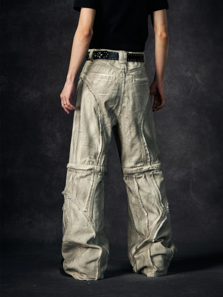 Special-Interest Design Heavy Industry Structural Dirty Distressed Frayed Hem Detachable Loose Straight Jeans Trousers