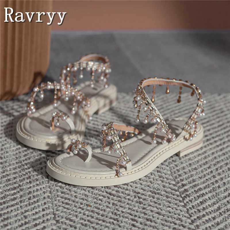 Summer Fairy Pearl Tassel Flat Sandals Women Thimble Toe Rhinestones Roman Shoes New Design Girl Dress Wedding Shoes