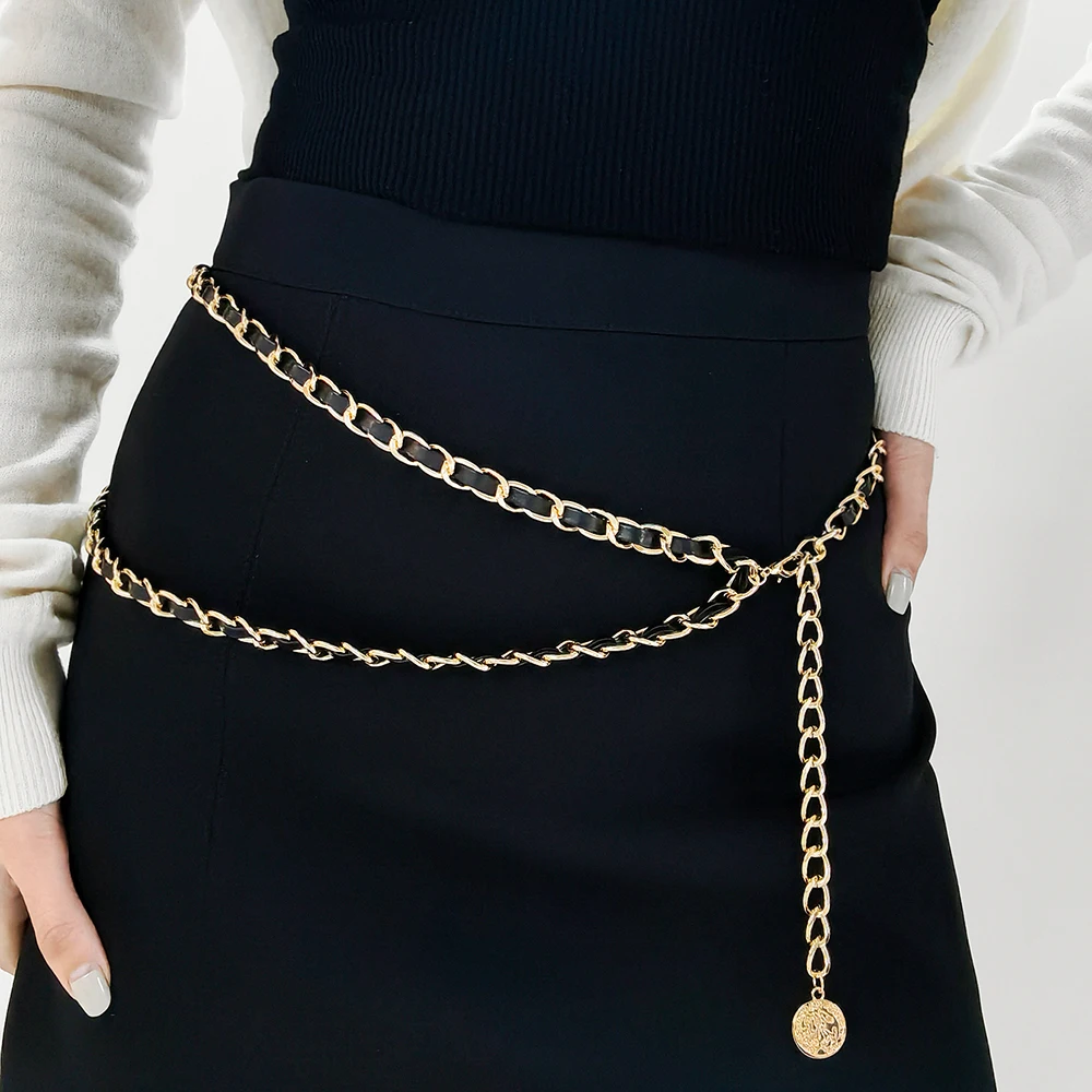 Women's Black gold double waist chain Haute couture dress Metal chain belt embellished suit skirt Elegant temperament accessorie