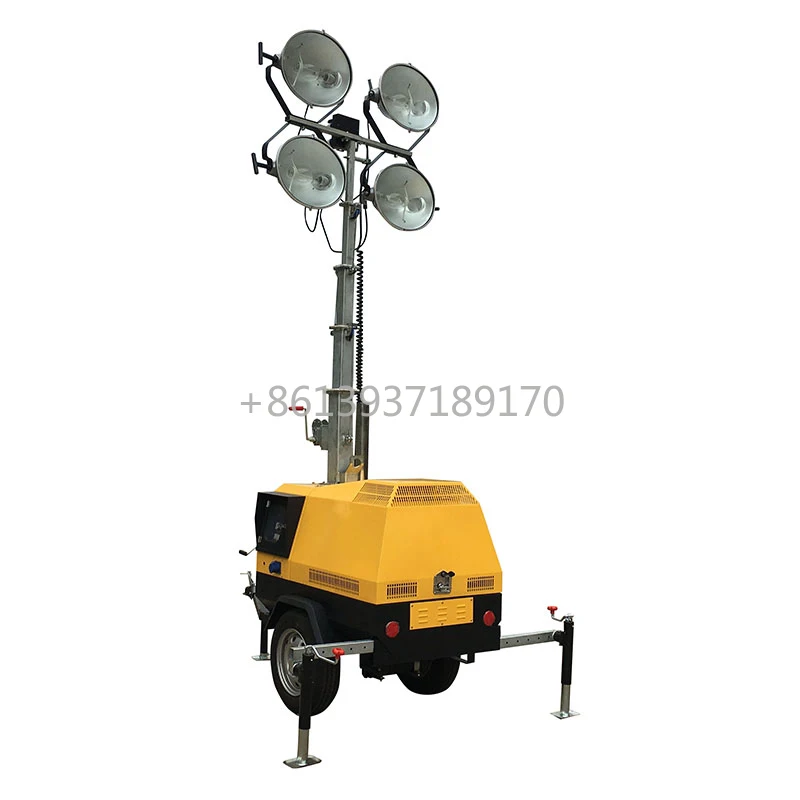 12kw Diesel Light Tower 4x1000W Hydraulic Mast Outdoor Work Use Mobile Towable Mining Construction