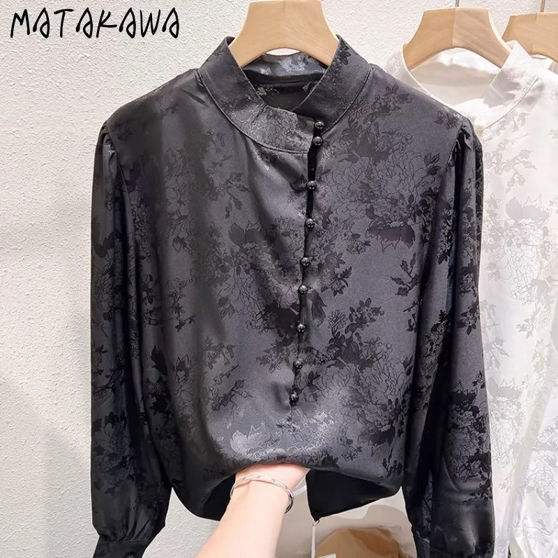 

Matakawa Satin Blouses Chinese Style Spring Autumn Vintage Jacquard Women Shirts Fashion Elegant Stand Collar Blusas Mujer
