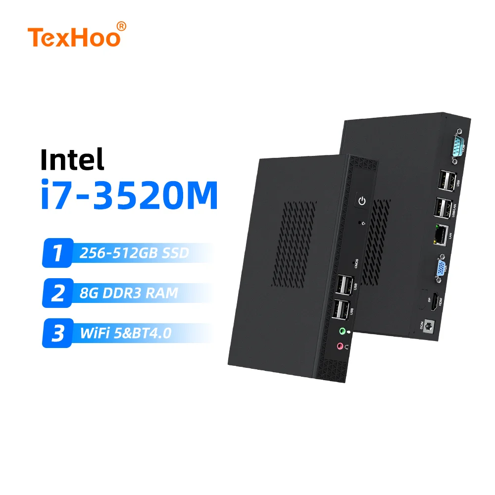 Мини-ПК TexHoo, Win 10 Pro, твердотельный накопитель 8 ГБ DDR3L 512 ГБ, двухдиапазонный Wi-Fi + BT, портативный ПК Intel i7 3520M ITX, офисный мини-компьютер 4K при 60 Гц