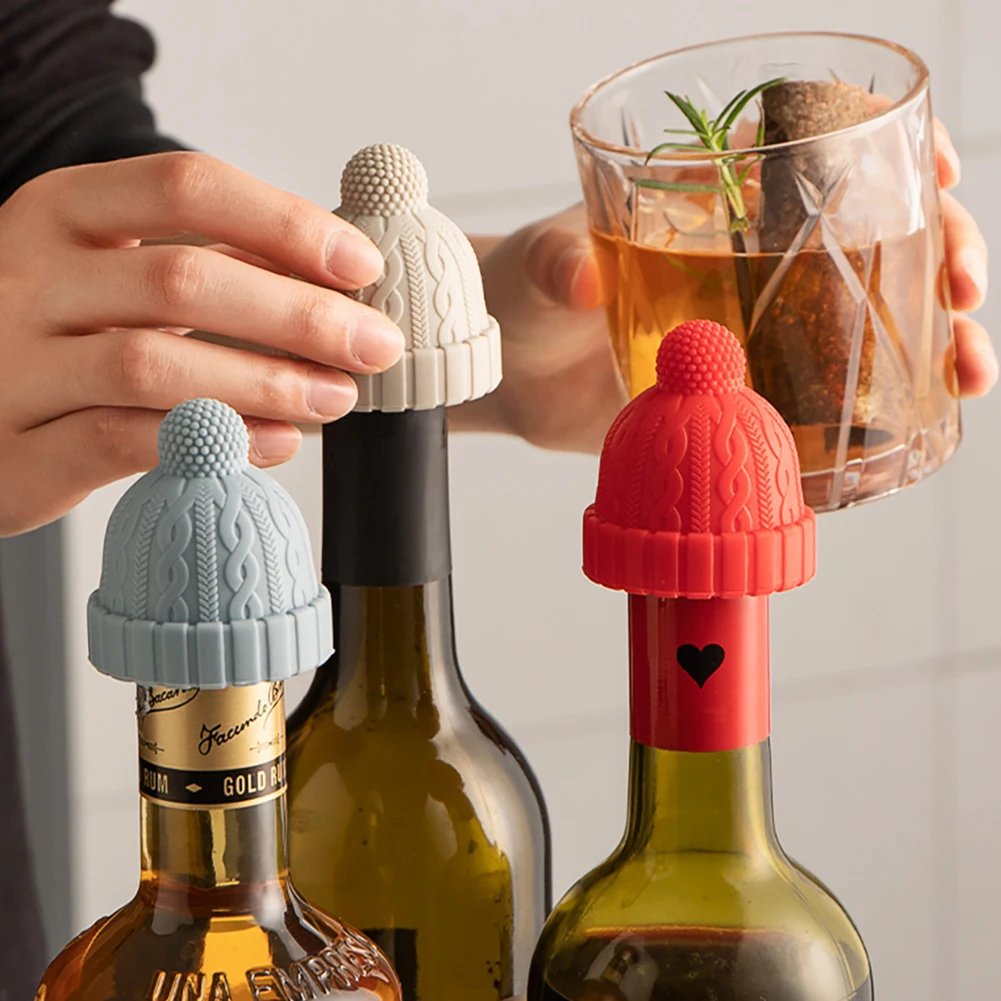 

Funny Knitted NEW Silicone Wine Stoppers Beanie Wine Caps Reusable Wine Saver Bottle Sealer Airtight Plug Di Cork