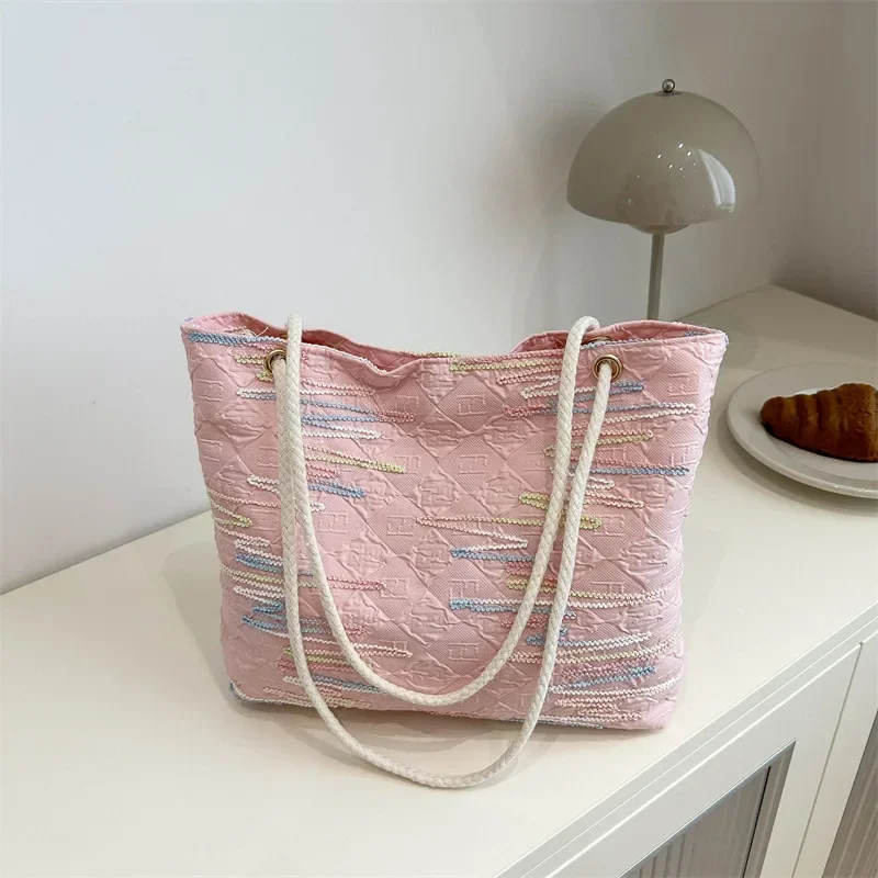 Student class canvas bag women's new summer shoulder bag striped large-capacity commuter tote bag