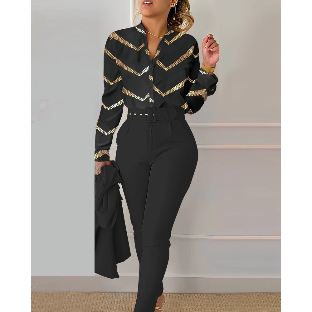 2024 Women Bronzing Chevron Print Shirt Top & Pants Set with Belt Korean Style Office y2k Ensemble Femme 2 Pieces Sets Workwear