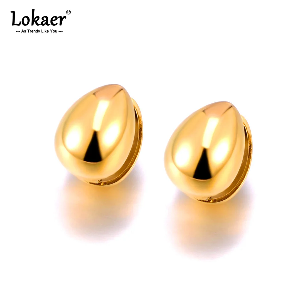Lokaer Edelstahl glatte Wasser tropfen hohle Creolen für Frauen anti allergische echte vergoldete Aussage Schmuck e24017