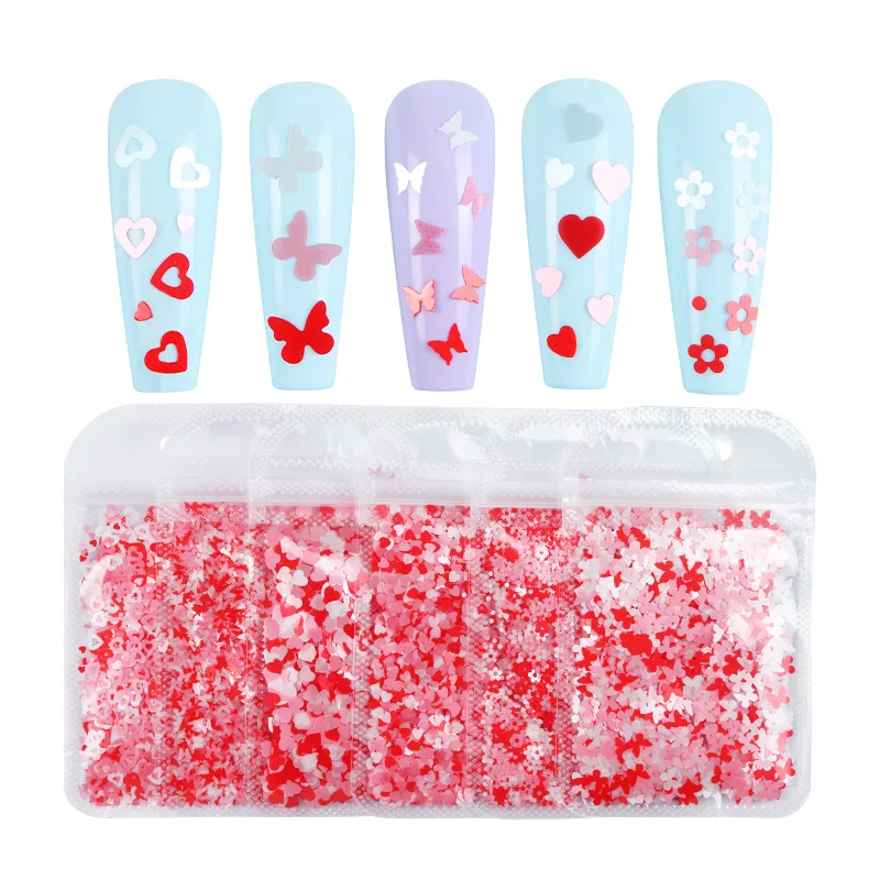 1Pack Valentijnsdag Roze Rood Nail Art Glitter Pailletten Hart Vlinder Bloemvorm Nagel Pailletten Vlokken Voor Nagel Glitter