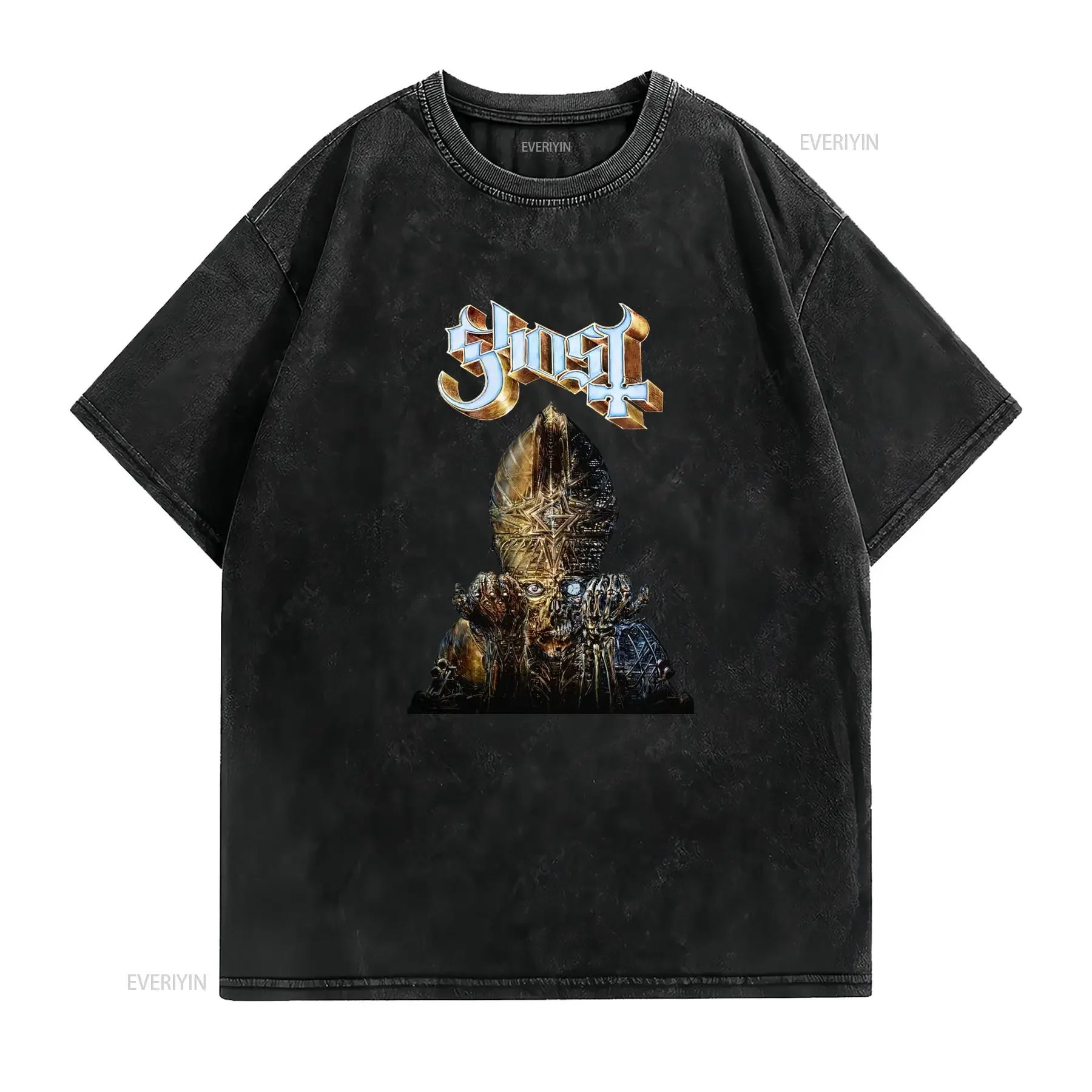 Gothic Heavy Metal Ghost Rock Band Skull Pope Print Casual T Shirt vintage Washed homme Soft designer clothes Unisex
