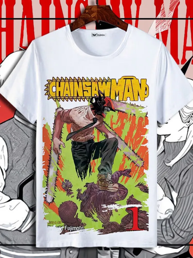 بالمنشار رجل أنيمي الطباعة المتضخم القطن تي شيرت الرجال والنساء مريحة موضة الشارع Y2K الصيف الاتجاه تي شيرت على طراز هاراجوكو #1