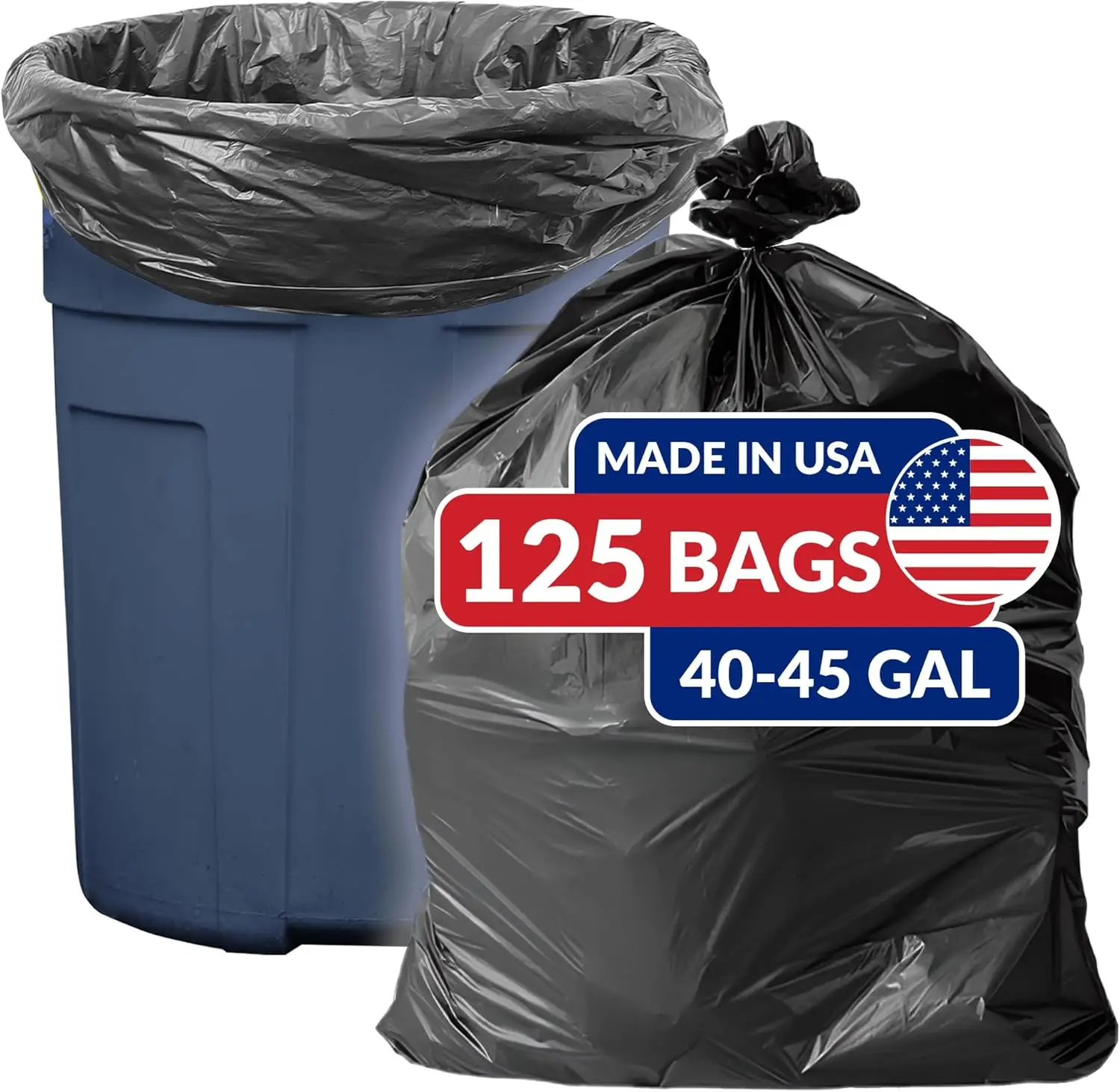 

Heavy Duty 40-45 Gallon Trash Bags, 125 Count, Black Multi-Use Garbage Bags Made in USA