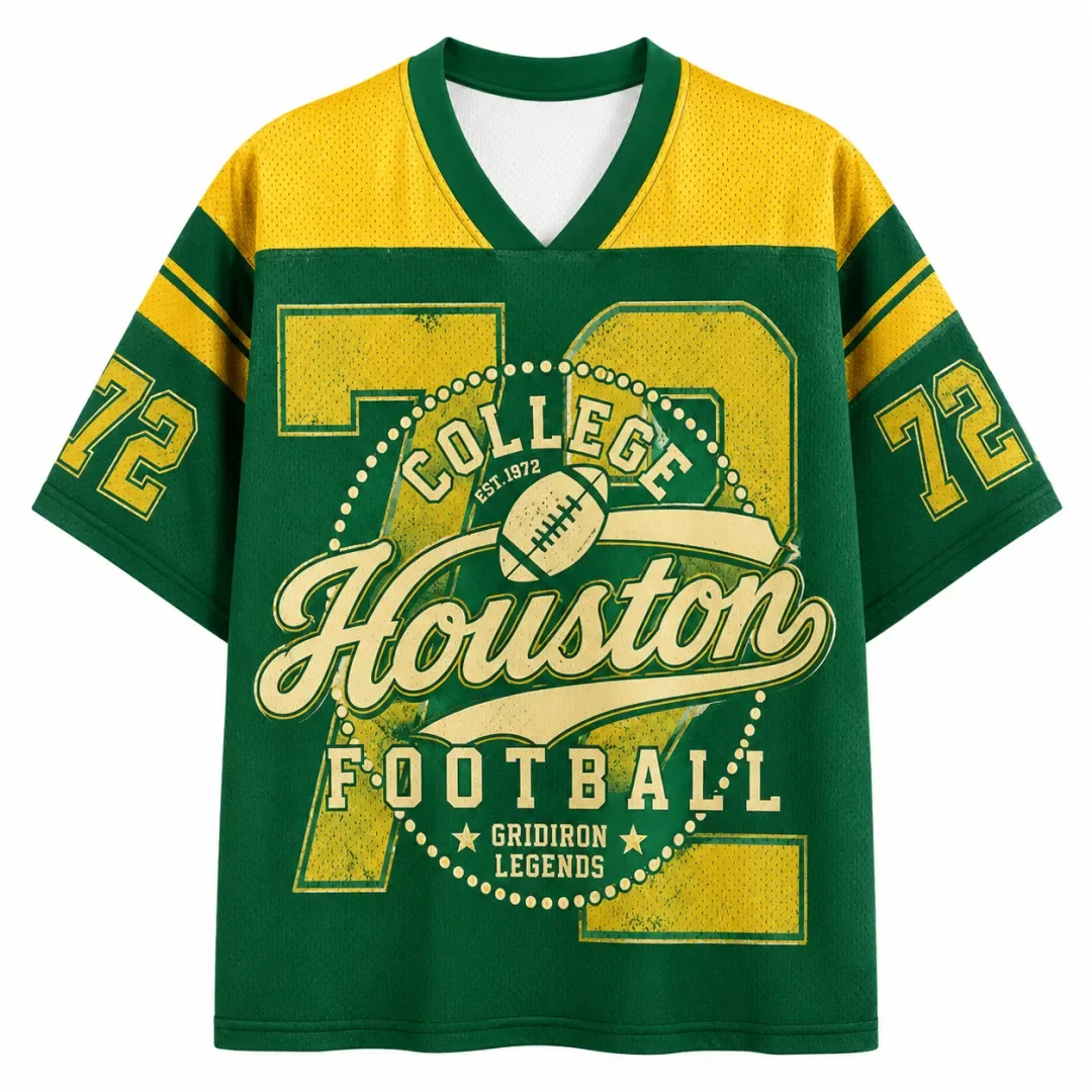 Houston University Football Shirt No. 72 Retro Vintage Stripe V-neck Breathable Mesh Sports Uniform Casual Street Style T-shirt