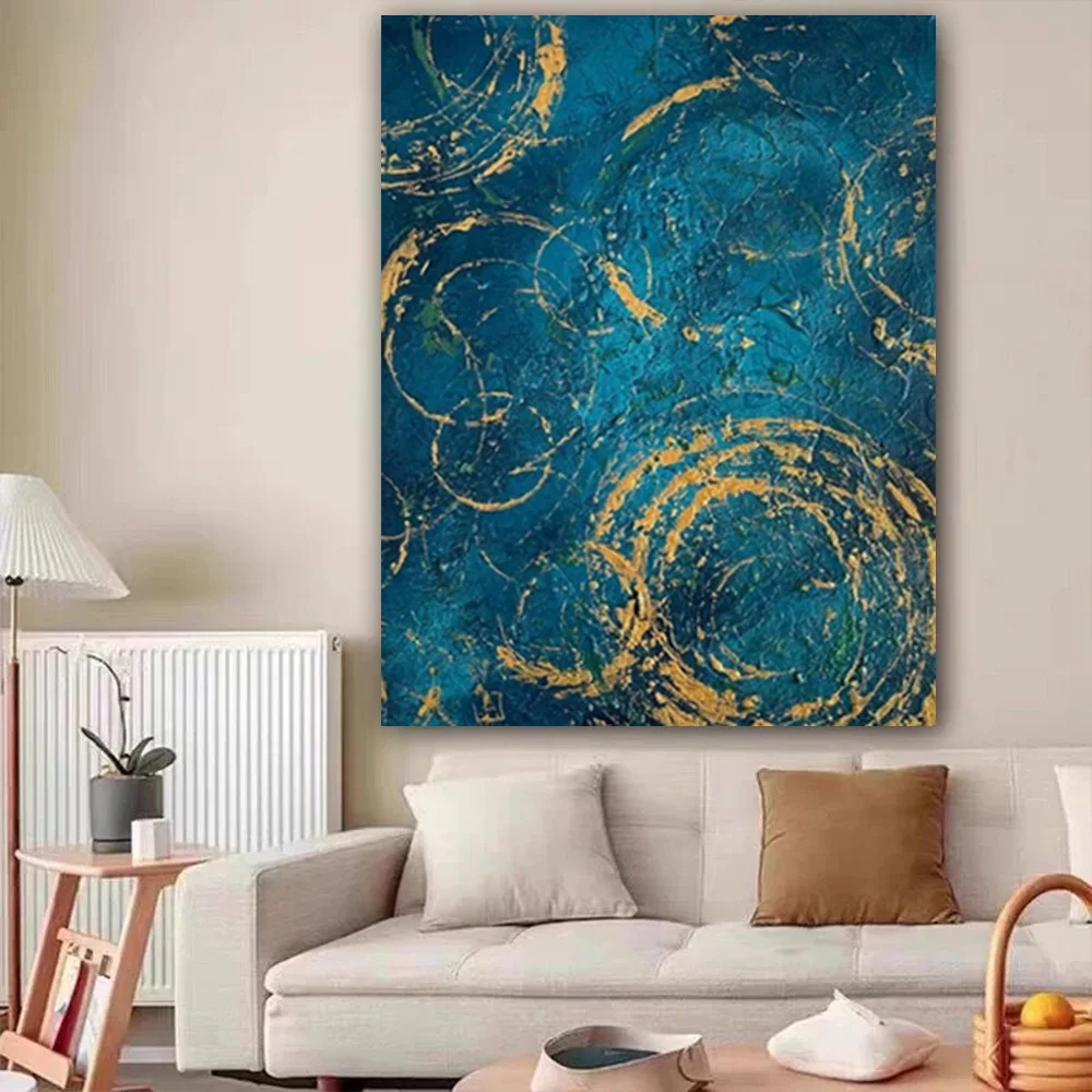 

100% hand drawn blue background gold circle abstract oil painting original wall painting home living room decoration paint inter