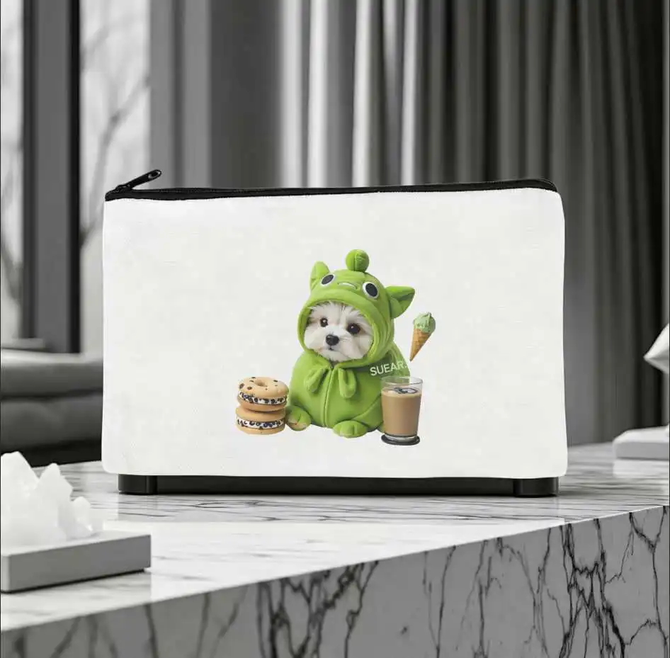 1PC Green Monster Hood Puppy Donut Coffee Double Sided Print Canvas Cosmetic Bag Travel Zipper Pouch